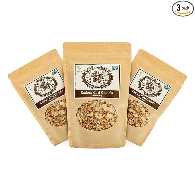 Maple Nut Kitchen Gluten Free Chai Granola with Cashews 3 Pack – Certified Gluten Free Oats Shredded Coconut Sunflower Seeds Maple Syrup – Healthy Low Sugar Breakfast Cereal Crunchy Natural Granol