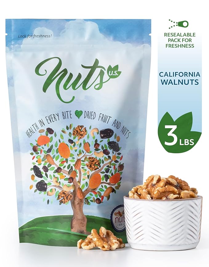 NUTS U.S. – California Raw Walnuts (No Shell) – Fresh Chandler Variety with a Mild Buttery Crunch – A Delicious Source of Protein Fiber &amp Omega-3 – Non-GMO Vegan &amp Gluten-Free – Resealable