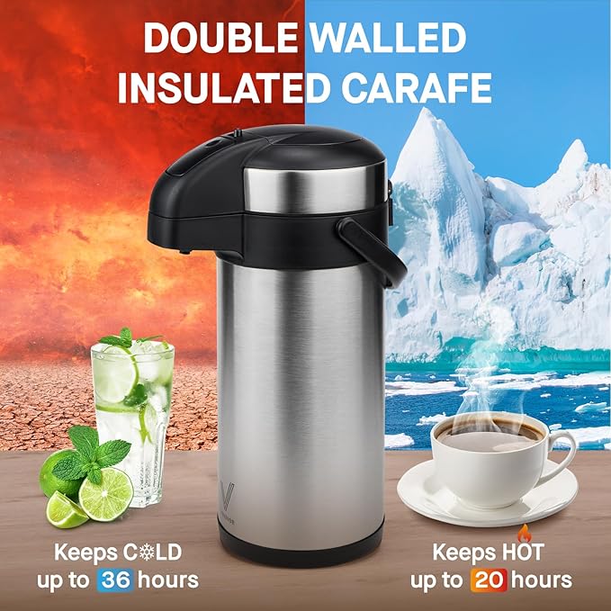 VONDIOR Airpot Coffee Dispenser with Pump - 169 Oz Insulated Stainless Steel Coffee Carafe - Thermal Beverage Dispenser - Coffee Urn for Hot/Cold Water Party Chocolate Drinks