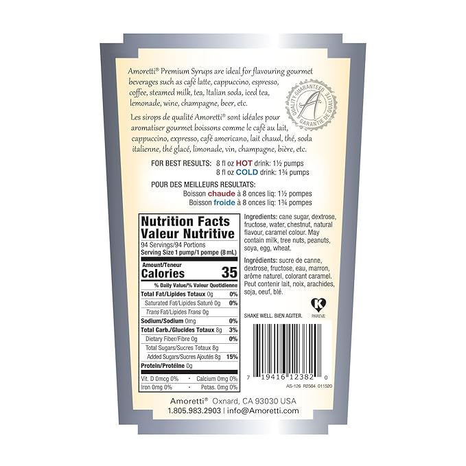 Amoretti - Premium Chestnut Praline Syrup 94 Servings Per Bottle (750 ml) with Pump for Flavoring Coffees Cocktails and other Beverages Gluten Free GMO/GEO Free Preservative Free