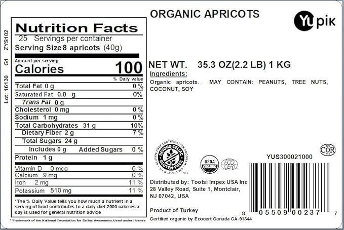 Yupik Organic Apricots 2.2 lb (35.2 oz) Non-GMO Vegan Gluten-Free Dried Fruits No Added Sugar Naturally Sweet Sulphite-Free Source of Fiber Healthy Snacks Ideal for Baking &amp Topping