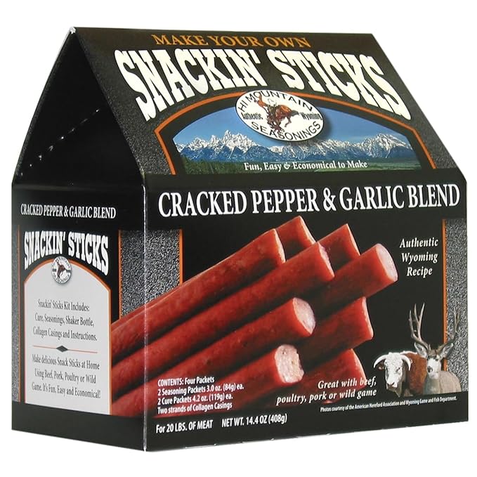 Hi Mountain ǀ Snack Stick Seasoning Kit ǀ CRACKED PEPPER &amp GARLIC BLEND ǀ Includes Seasoning Cure Casings &amp Directions ǀ Seasons up to 20 lbs of Meat ǀ Beef Pork Venison Deer &amp Wild