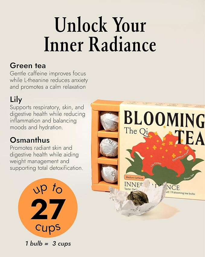 The-Qi Inner Radiance Osmanthus &amp Lily Blooming Flower w/Green Tea – 9 Pcs Handpicked All Natural Blooming Flower Tea – The Qi Gift Set for Relaxation &amp Wellness – Makes 27 Cups
