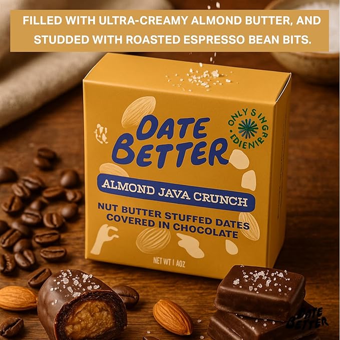 Date Better Almond Java Crunch Stuffed Medjool Dates - Dark Chocolate-Covered Dates Filled With Almond Butter &amp Espresso Beans | No Artificial Sweeteners Gluten-Free &amp Vegan (6-Pack)