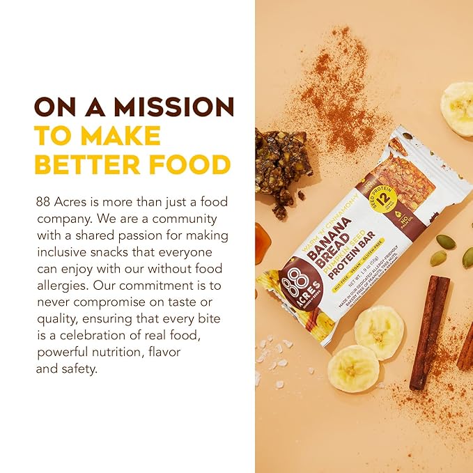 88 Acres Pumpkin Seed Protein Bars Banana Bread 9 Count 12g Plant-Based Protein Gluten Free Nut Free School Safe Snack Bar Vegan Non-GMO Individually Wrapped