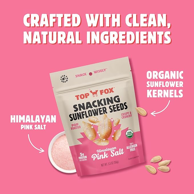 Top Fox Snacks Sunflower Seeds to Eat (Himalayan Pink Salt 5.5 oz – 6 Pack) - Gluten Free Snacks Protein Snacks Keto Friendly Snacks Allergen Free Snacks Paleo &amp Vegan - Organic Pop-Roasted