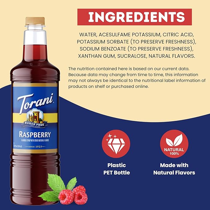 Torani Sugar Free Raspberry Syrup 1 Liter Bottle with Pump Dispenser – Zero Sugar Zero Calories Keto Friendly Gluten Free Sweet &amp Tart Raspberry Flavor for Coffee Lemonade Cocktails &amp Mor