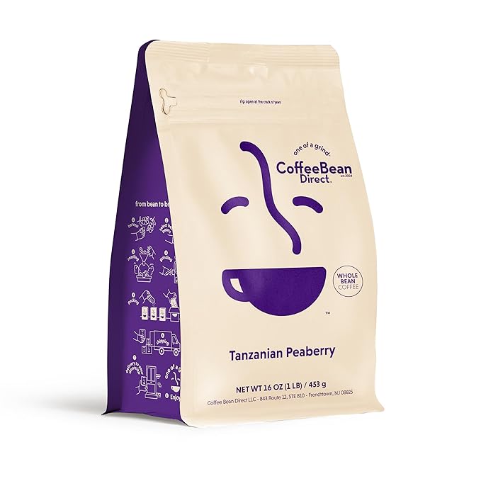 Coffee Bean Direct Tanzanian Peaberry Whole Bean Coffee Single Origin Arabica Coffee Light Roast 1 Pound Bag (Pack of 1)