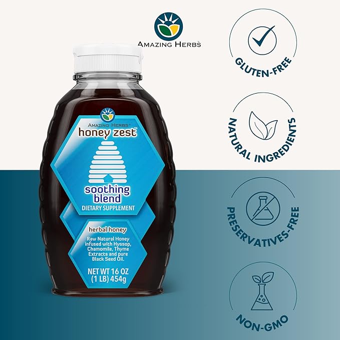 Amazing Herbs Raw Natural Honey - Herbal Honey Infused with Hyssop Chamomile Thyme Extracts &amp Pure Black Seed Oil Non GMO Gluten Free Immune Booster - Honeyzest Soothing Blend 16 Fl Oz