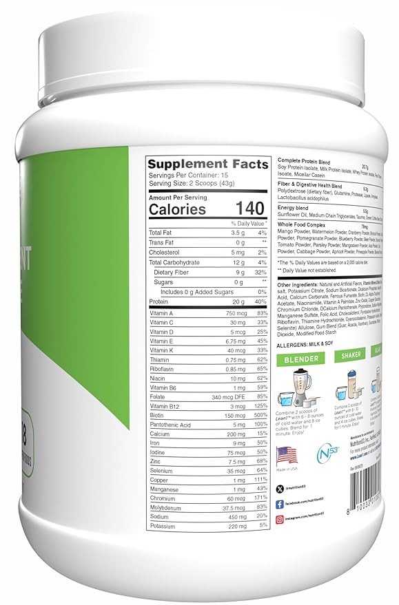 N53 Lean1 Meal Replacement Protein Powder Vanilla Flavor 15 Serving tub No Sugar Added