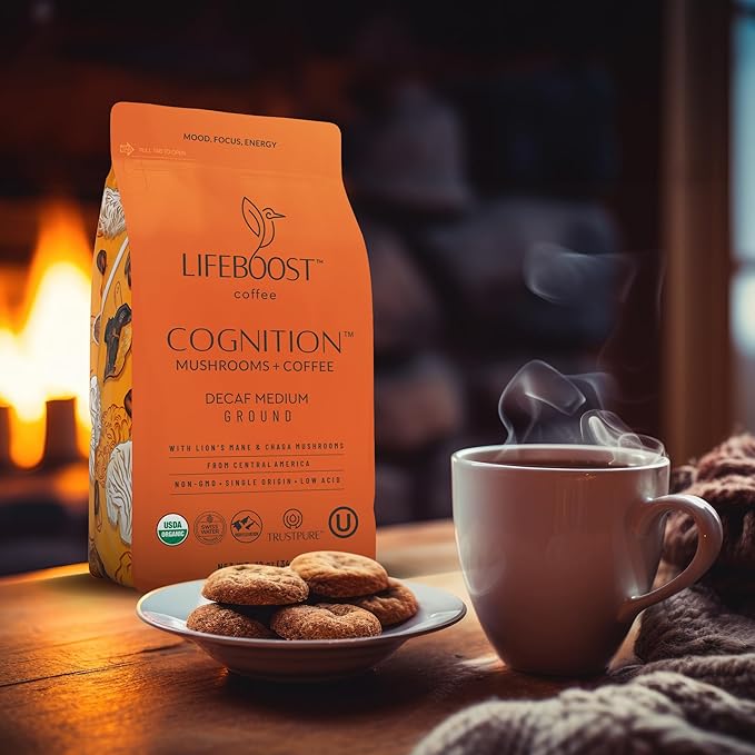 Lifeboost Cognition Decaf Mushroom Coffee - Low Acid Decaf Medium Organic Coffee with Lions Mane &amp Chaga Mushrooms - Increase Energy Boost Focus &amp Immune Support - 12 oz Bag - Ground