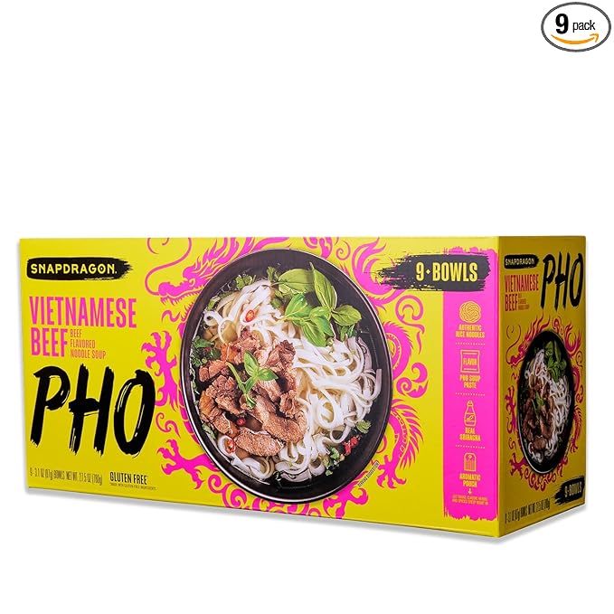 Vietnamese Pho Beef Noodle Soup Snapdragon 9 Bowls Pack Ready in 3 Minutes Gluten-Free with Chili Oil