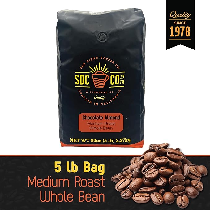 San Diego Coffee Chocolate Almond Medium Roast Whole Bean Coffee 5-Pound Bag Café en grano tostado