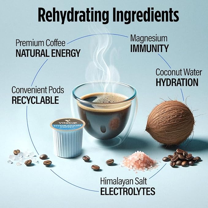 VitaCup Hydration Coffee Pods The First Coffee That Hydrates You w/Electrolytes Coconut Water Pink Himalayan Salt Magnesium Medium RoastSingle Serve Pod compatible w/Keurig K-Cup Brewers 18Ct