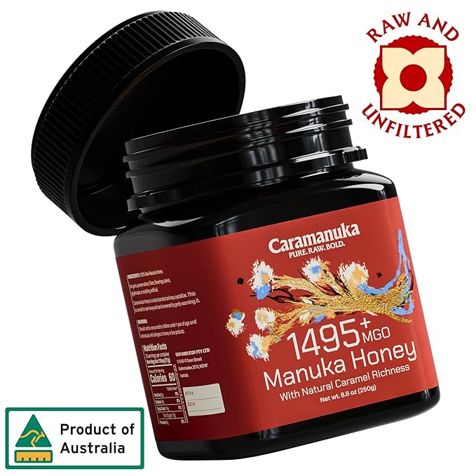 Caramanuka Manuka Honey MGO 1495+ / 100% Raw Pure Unfiltered &amp Unpasteurized 3rd Party Tested Ultra-Potent Glyphosate-Free Australian Premium Manuka Honey
