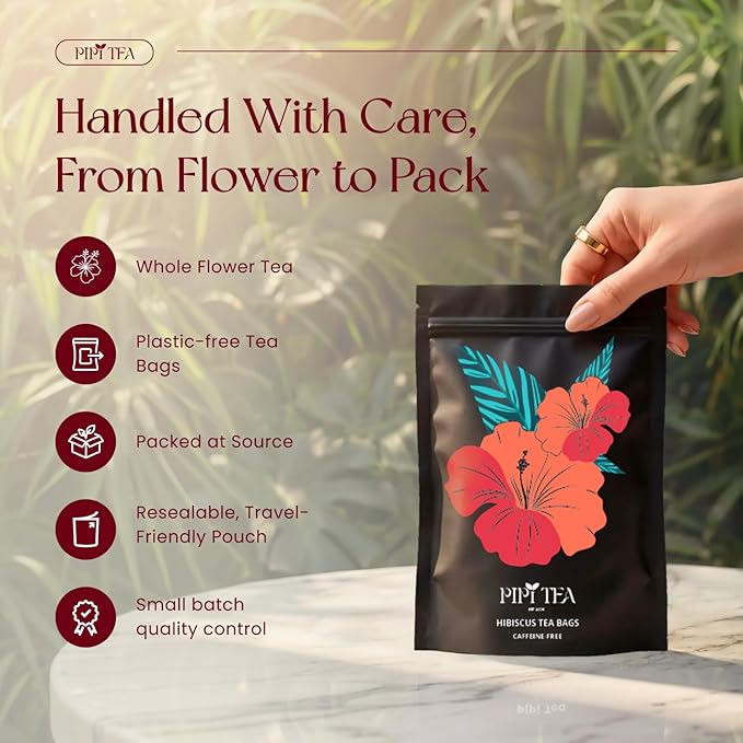 PiPi Tea Organic Hibiscus Tea Bags – Caffeine Free Herbal Tea Rich in Antioxidants Non-GMO &amp Vegan Sourced from Premium Hibiscus Flowers for Daily Wellness &amp Heart Health Support 60g