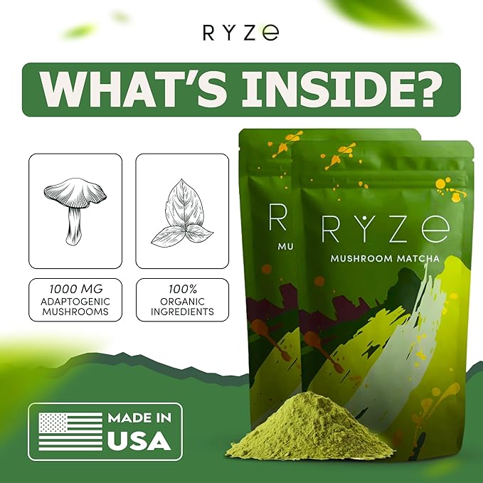 RYZE SUPERFOODS Mushroom Matcha Starter Kit USDA Organic with 6 Adaptogenic Mushrooms and Ceremonial-Grade Matcha Energy Focus Digestion Immunity with Turkey Tail Shiitake Reishi 60 servings