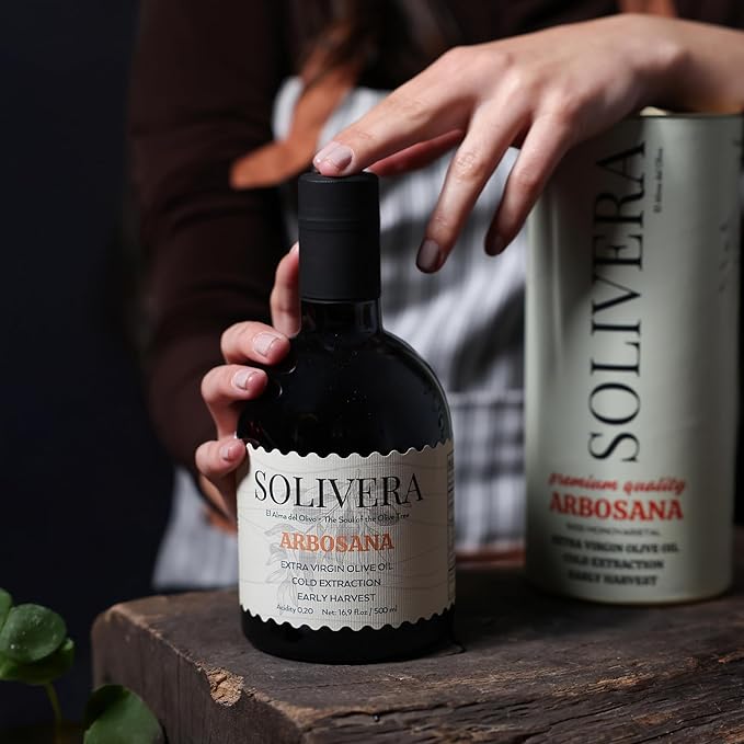 Solivera Arbosana Extra Virgin Olive Oil Cold Pressed 300+ High Polyphenols Smooth Creamy &amp Nutty Flavor Single-Origin Organic Olive Oil Hand Picked Gourmet Oil - 16.8 fl. oz. (Arbosana)