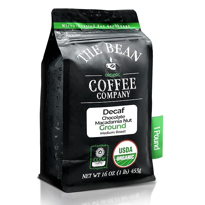 The Bean Organic Coffee Company Water Processed DECAF Chocolate Macadamia Nut Medium Roast Ground Coffee 16-Ounce Bag Café Molido Tostado Orgánico descafeinado