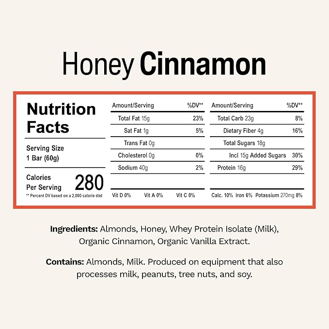 Rise Whey Protein Bars - Honey Cinnamon | Breakfast Bar &amp Protein Snack 18g Protein 4g Fiber Just 5 Whole Food Ingredients Gluten-Free Soy Free