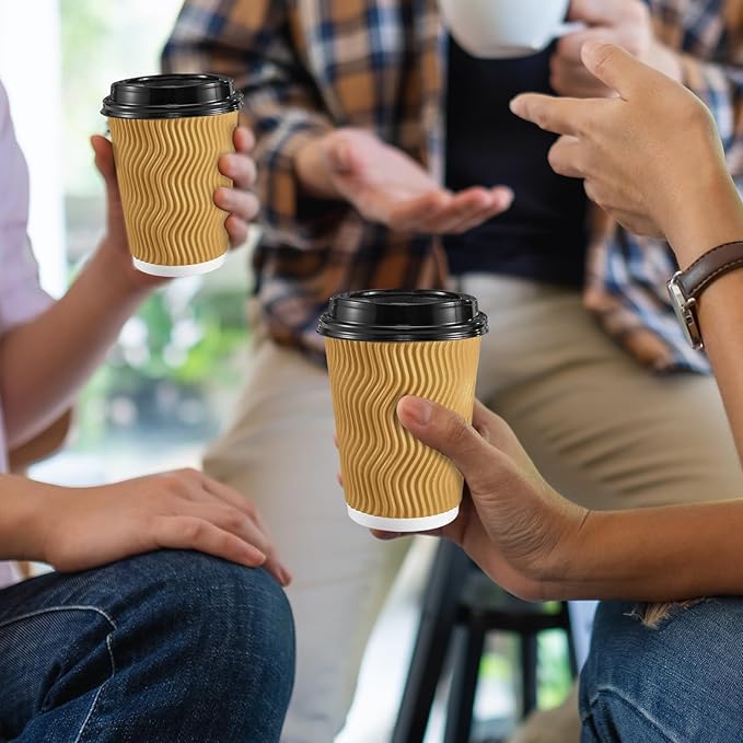 SIUQ 12 oz Coffee Cups-90 Pack Disposable Coffee Cups with Lids and Straws Insulated Ripple Wall To Go Paper Coffee Cup for Coffee Hot Chocolate and Hot Tea Drinks - Champagne