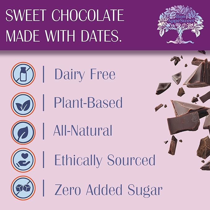 Bon Appesweet Date Sweetened Chocolate Bar - Variety Pack | 2.2 Ounce (Pack of 5) | Organic Zero Added Sugar 37-70% Cacao Plant Based Dairy Free and Guilt Free!
