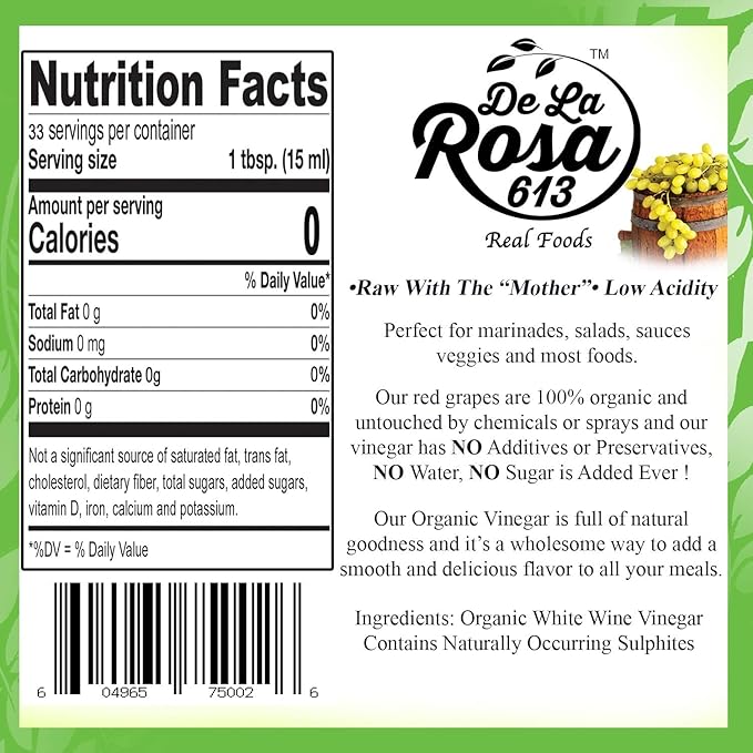 De La Rosa Organic Extra Virgin Olive Oil &amp White Wine Vinegar 100% Pure Raw &amp Unfiltered Vegan Kosher Non-GMO &amp Gluten-Free Great for Salads Dressings Marinades and More 16.9 Oz (
