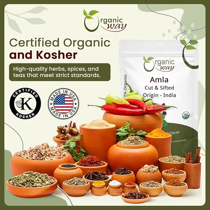 Organic Way Dried Amla/Indian Gooseberry Cut &amp Sifted (Phyllanthus emblica) - Organic &amp Kosher Certified | Raw Vegan Non GMO &amp Gluten Free | USDA Certified | Origin - India (1LBS / 16Oz)