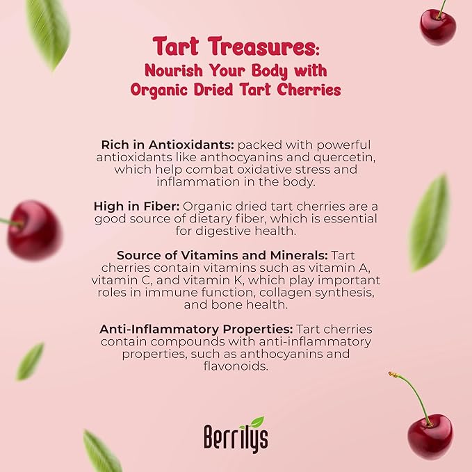 Berrilys Organic Unsweetened Dried Tart Cherries 1 lb (16 oz) - No Sugar Added Perfect for Baking Snacking &amp Salads - Unsweetened - Non-GMO Vegan Cherries for Healthy Living