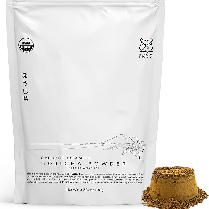 FKRO Organic Hojicha Powder (100g/3.5oz) Japanese Roasted Green Tea Latte Drink | Premium First Harvest Houjicha Green Tea Powder | Sugar-free Low Caffeine | Flown in Fresh from Japan Every Month