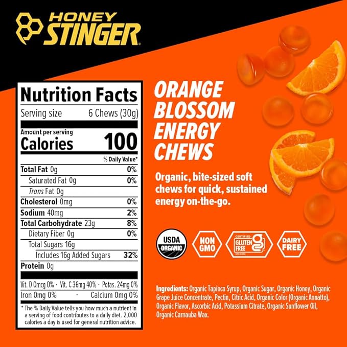 Honey Stinger Organic Orange Blossom Energy Chew Gluten Free &amp Caffeine Free for Exercise Running and Performance Sports Nutrition for Home &amp Gym Pre and Mid Workout 21.6 Ounces (Pack of