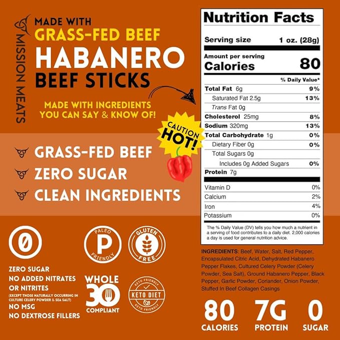 Mission Meats Beef Sticks – 100% Grass Fed &amp Pasture Raised Sugar Free Individually Wrapped Healthy Snacks Whole 30 &amp Paleo Friendly Habanero 1oz (12ct)