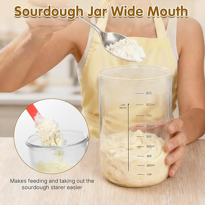 34oz Sourdough Starter Jar KitWide Mouth Sourdough Starter Container with Feeding Tracking Band Silicone Spatula&ampSourdough Starter Kit-Baking Supplies(2 pack). (Red)