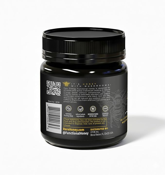 HYVE Functional Pre-workout Raw Energy Honey with Organic Cordyceps Mushrooms Black Lava Sea Salt &amp Organic Honey – Natural Energy Boost 8 Ounce Jar
