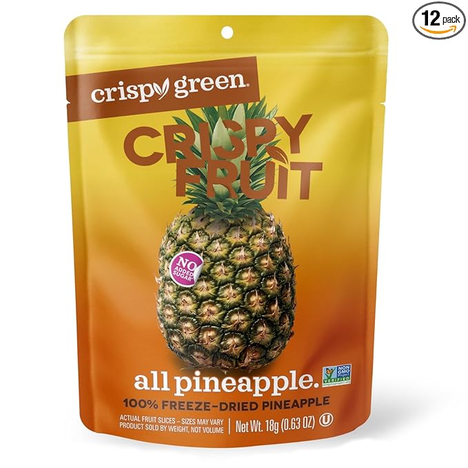 Crispy Green Freeze-Dried Pineapple Fruit Snacks 0.63 Oz (Pack of 12) 100% Pure Fruit All-Natural No Added Sugar Single-Serve Bags for Healthy Snacks &amp School Lunches