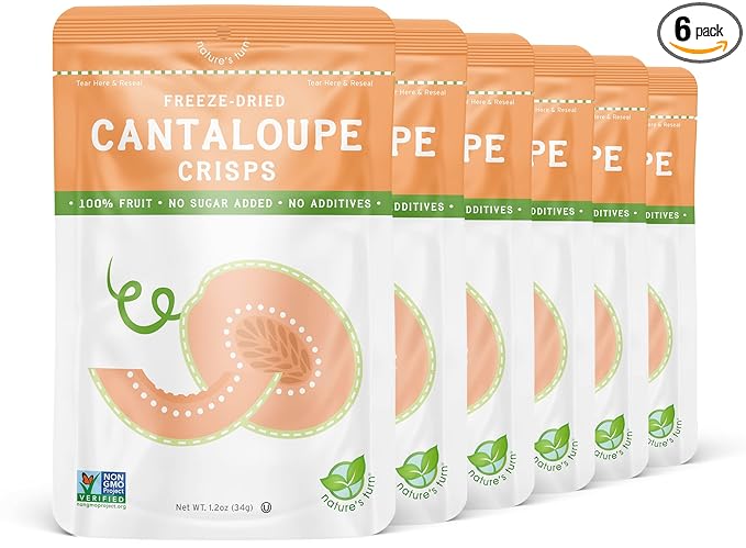 Nature’s Turn Freeze-Dried Cantaloupe Crisps – Healthy Gluten-Free Crispy &amp Delicious Plant-Based Snack Ideal for Cereal Smoothies School Lunches &amp On-the-Go Bags of 6 (1.2 oz Each)