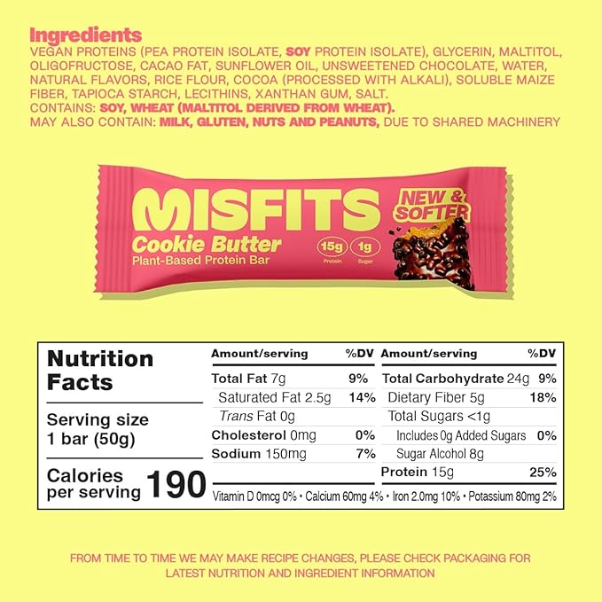 Misfits Vegan Protein Bars Cookie Butter - Updated Recipe | Plant Based Low Sugar &amp Carb High Fiber Snacks | Pack of 15