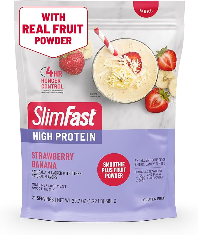 SlimFast High Protein Smoothie Mix Plus Fruit Powder High Protein Meal Replacement Powder Fiber Vitamin C 21 Servings 1.29 Pounds Strawberry Banana (Packaging May Vary)