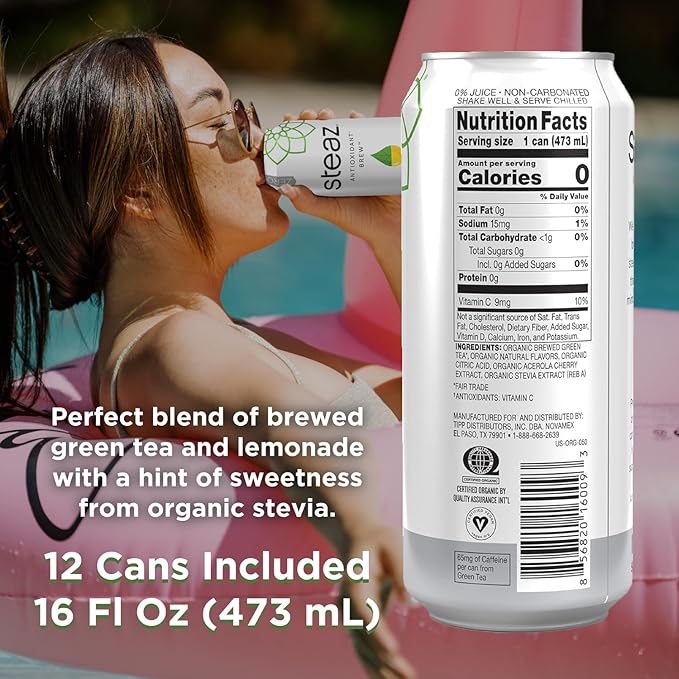 Steaz - Organic Green Tea - Zero Calorie Half &amp Half (12 Pack) - Antioxidant Brew - 65mg Natural Caffeine Vitamin C - Stevia Sweetened Iced Tea - Vegan Fair Trade - 12 Cans 16 fl oz (473mL)