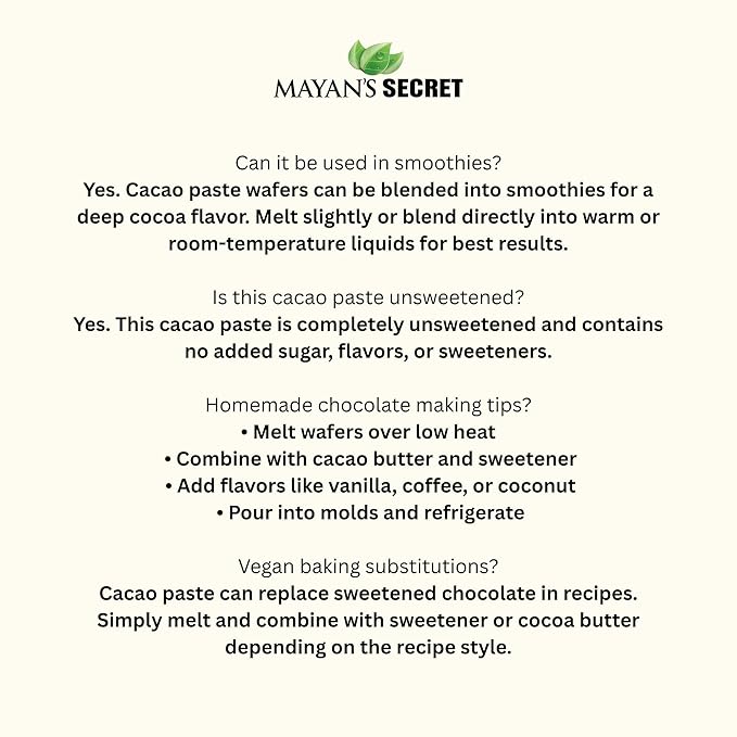 Mayan's Secret - Organic Raw Cacao Paste Wafers – USDA Certified Non-GMO Vegan &amp Gluten-Free – Easy-Melt Wafers for Chocolate Making Baking &amp Beverages – Pure Stone-Ground Cacao (1 Pound (P
