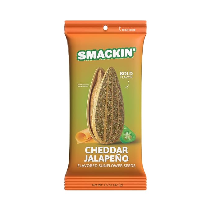 SMACKIN' Sunflower Seeds Roasted Jumbo Small-Batch American Made - Cheddar Jalapeño. 1.5oz bags (36 Pack)