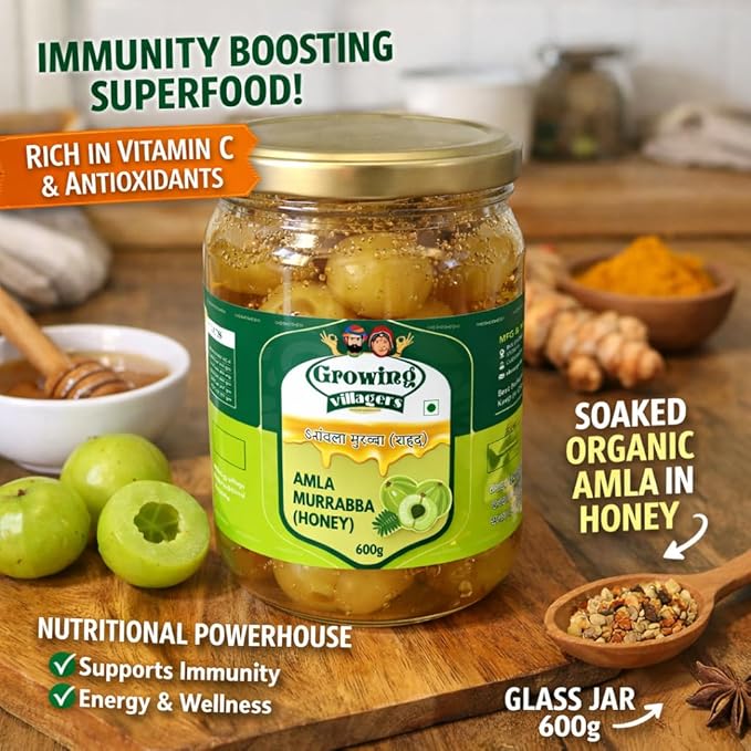 Growing Villagers Organic Amla Murabba in Honey 600g | Vitamin C Rich Immunity Booster | Organic Indian Gooseberry Soaked in Honey | Antioxidant Nutritional Powerhouse