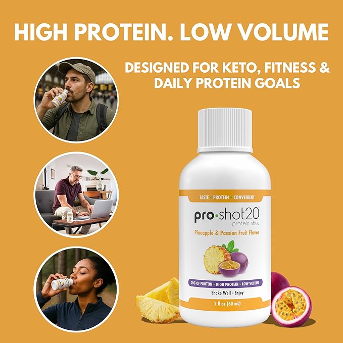 Pro-Shot20 Protein Shot Pineapple &amp Passion Fruit Flavor 60 mL 12-Pack- 20g Whey Protein &amp Hydrolyzed Collagen Drink- Low Calorie Low Carb Gluten Free No Aspartame Ready to Drink