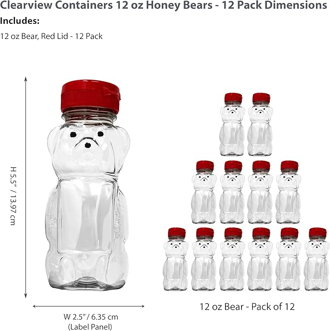12 Ounce Clear Plastic Squeezable Honey Bears with Sealable Flip Top Lids - BPA Free Hand Wash Only (Red 12 Pack)