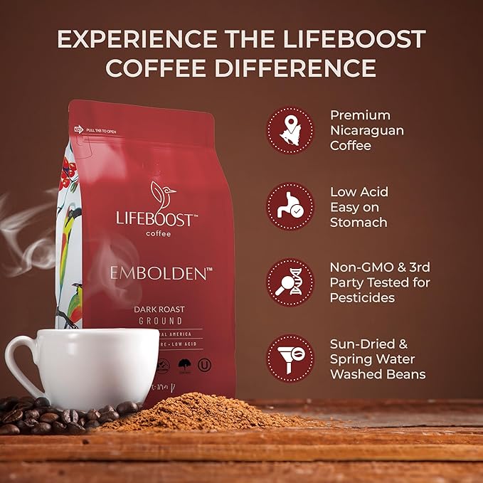 Lifeboost Dark Roast Ground Coffee - Non-GMO Low Acid Single Origin USDA Organic Dark Roast Coffee - Third Party Tested For Mycotoxins &amp Pesticides - 12 Ounces