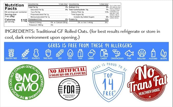 Gerbs Gluten-Free Traditional Rolled Oats 4 lbs. | Premium Grade Resealable Bag | Hearty Texture Ideal for Baking &amp Breakfast | Top 14 Allergen-Free