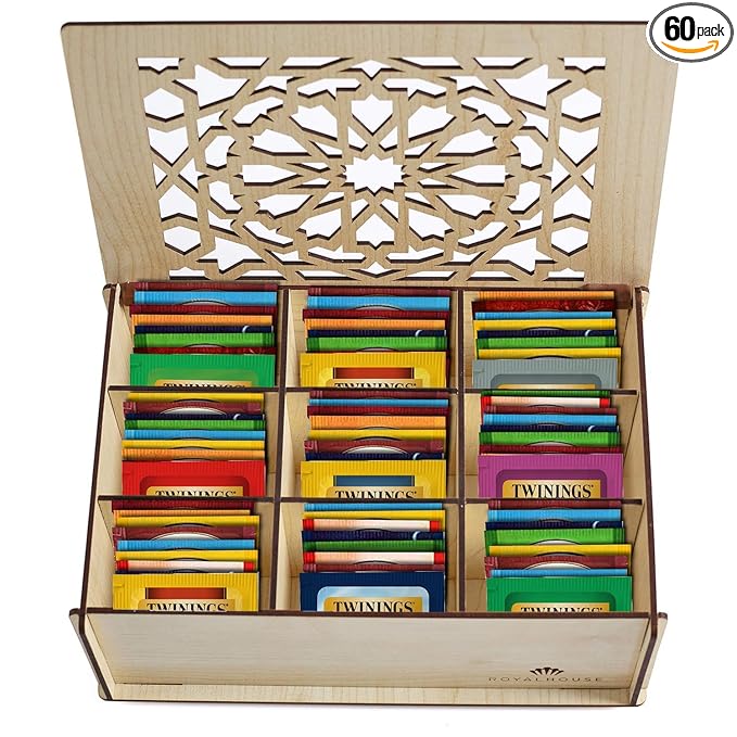 Twinings Tea Bag Sampler Variety with White Wooden Organizer (60 Count) 40 Different Flavours Gift for Tea Lovers: Women Men Mom Dad Family Friends Couples