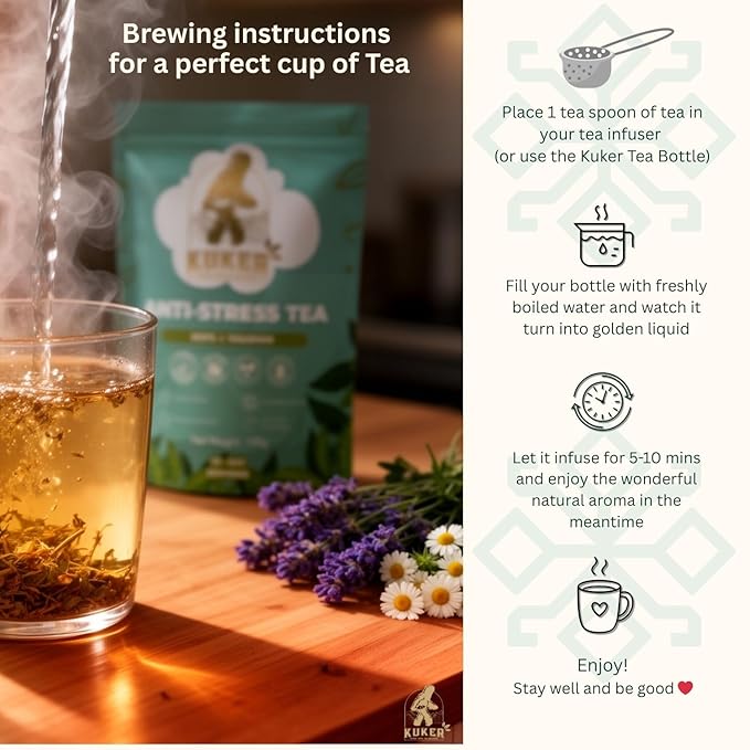 KUKER Anti-Stress Tea 100g Loose Leaf – Calming Herbal Tea with Chamomile Valerian Lavender &amp Lemon Balm – Natural Anxiety Relief &amp Sleep Support