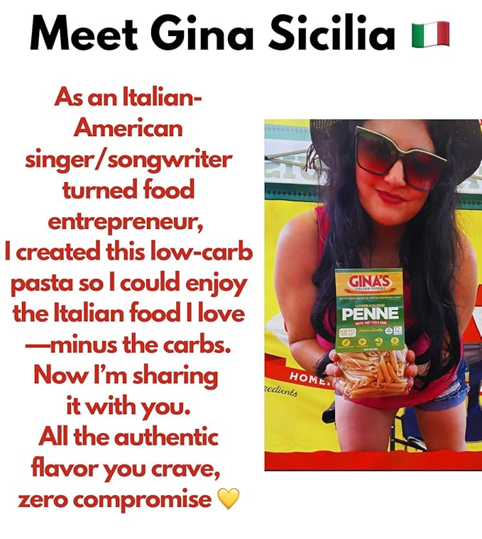 Gina's Italian Cuisine Low Carb/Low Calorie Healthy Pasta Penne – 100 Calories/Serving Low Net Carbs High Fiber High Protein Plant-Based Vegan Keto Non-GMO Enhanced Nutrients Delicious Authen