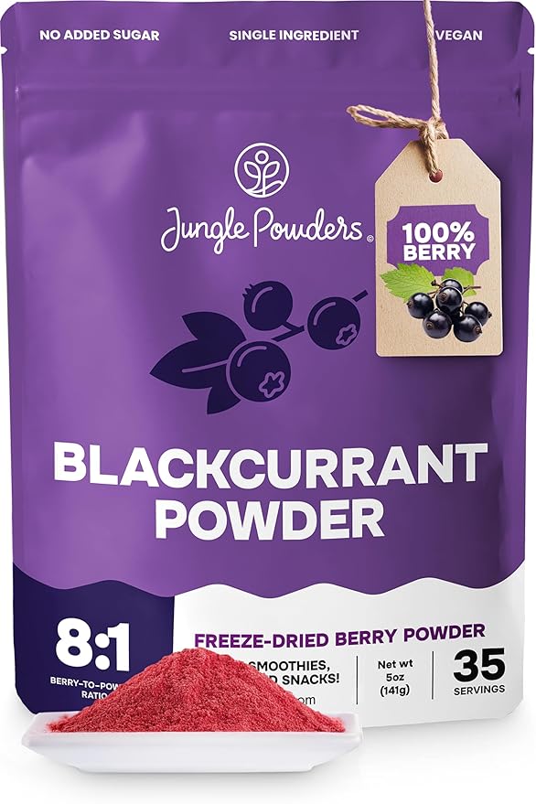 Jungle Powders Black Currant Powder 5 Ounce Bag - Natural Freeze Dried Black Currants for Recovery - Dehydrated Fruit Rich In Anthocyanins &amp Polyphenols Blackcurrant Extract for Smoothies Tea Ba